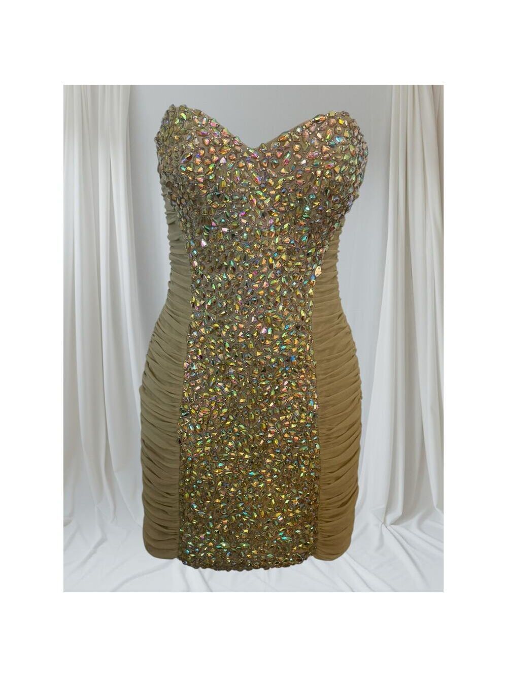 La Femme Gold Iridescent Yellow/Gold Rhinestones Down Front Strapless Dress 6